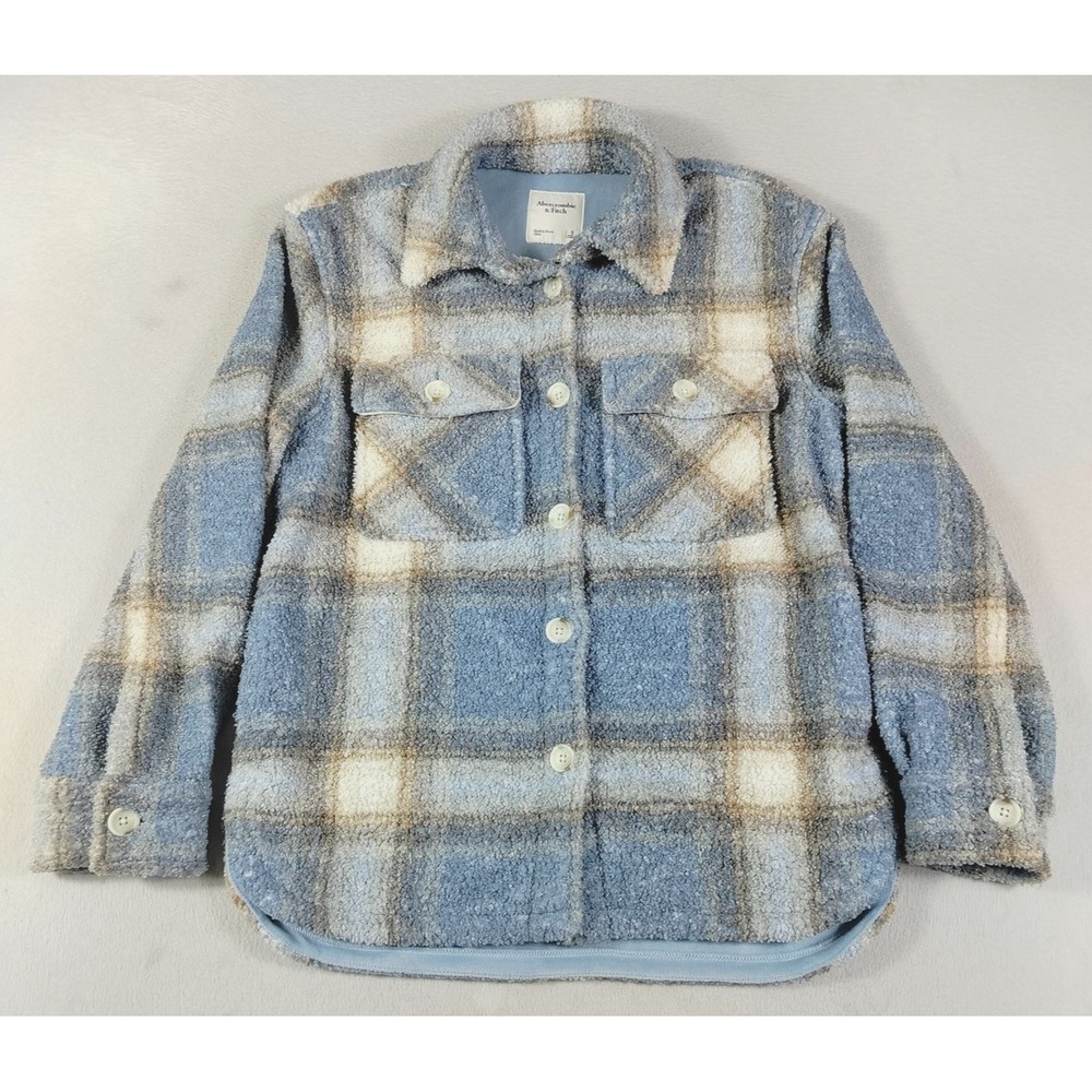 Abercrombie & Fitch Jacket Mens Small Blue Plaid Faux Fur Fleece Lined Shacket